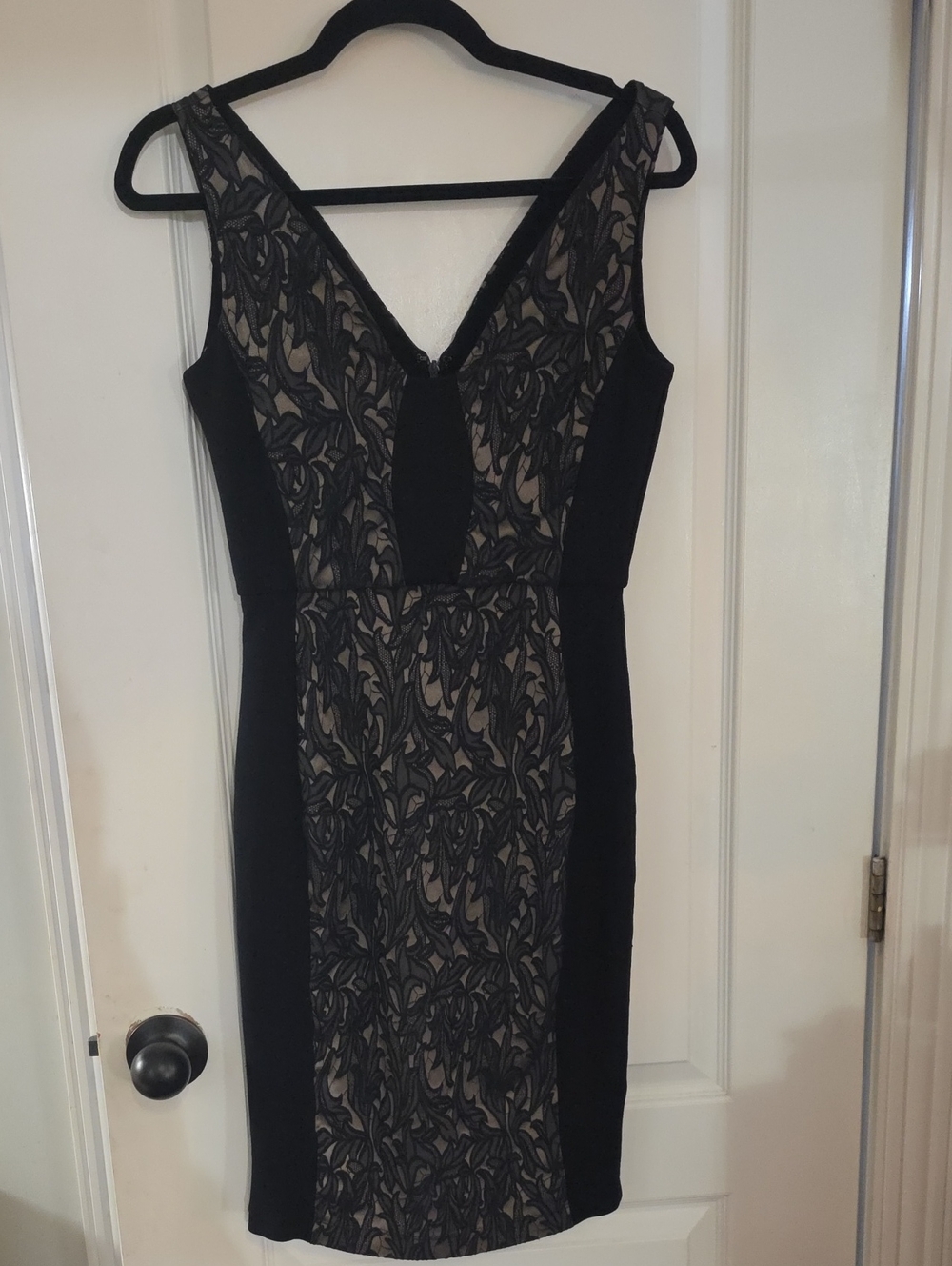 French Connection Black Lace-Overlay Midi Dress with Nude Underlay
